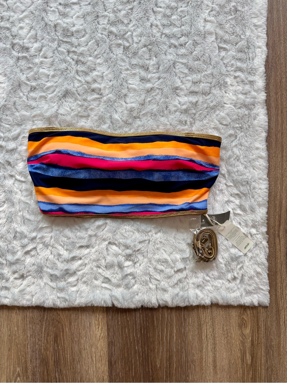 Aerie Striped Bandeau Bikini Top with Straps Gold Orange Blue Medium NWT